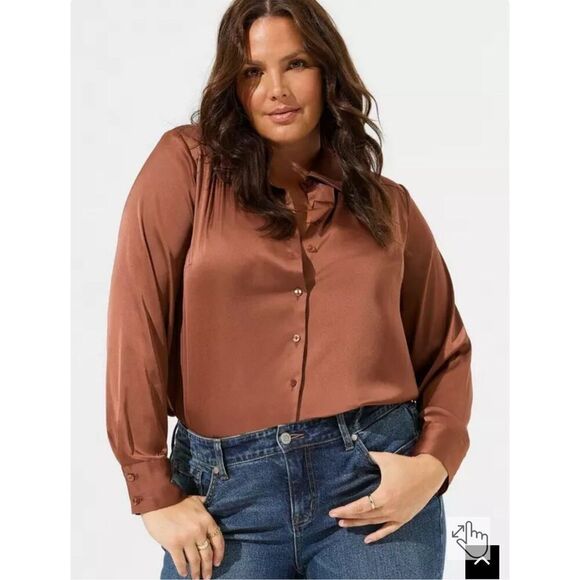 Torrid Madison Copper Brown Satin Button-Up Long Sleeve Shirt 5X - Picture 1 of 7